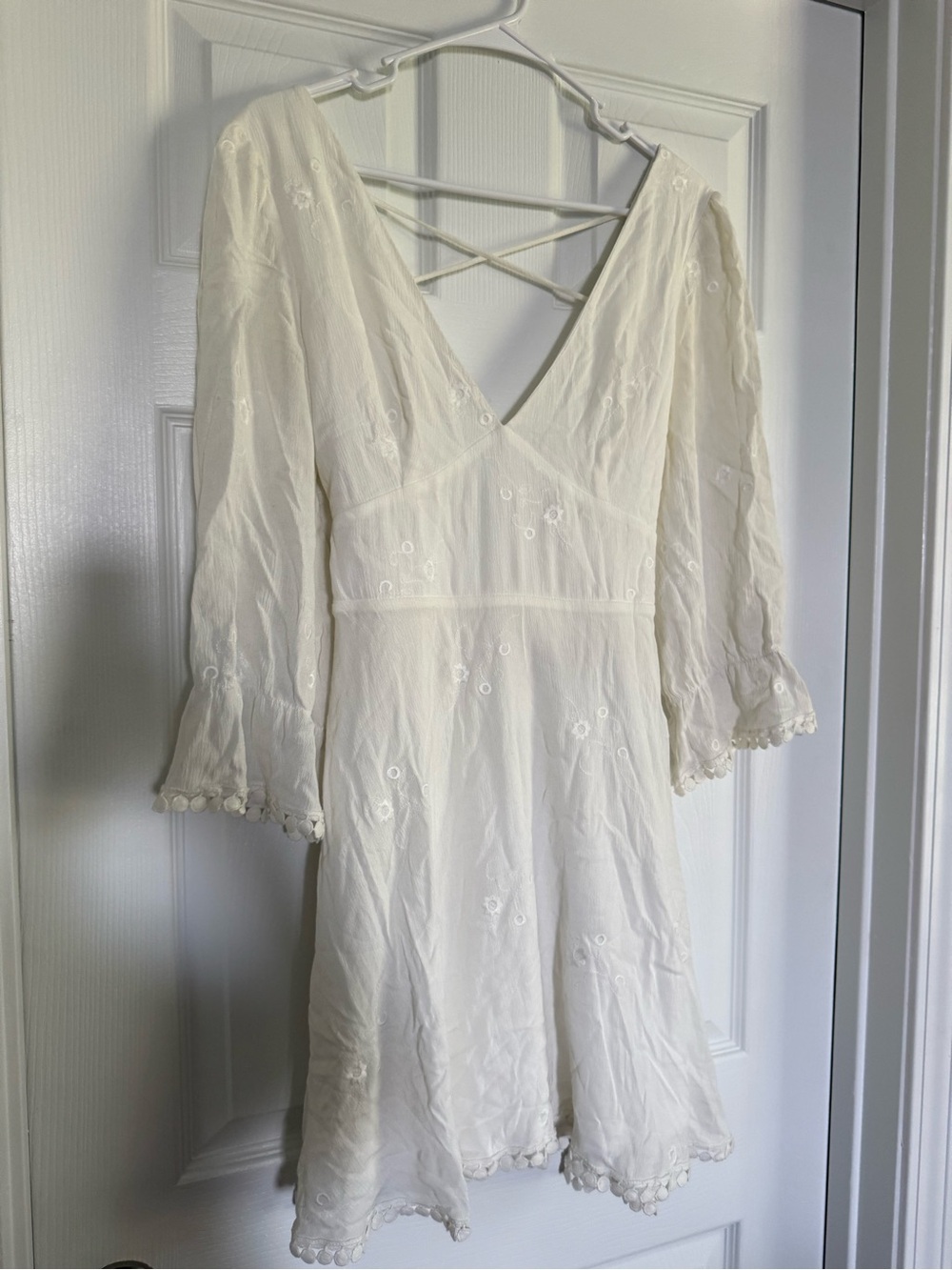 Women's White Embroidered V Neck Low Back Dress